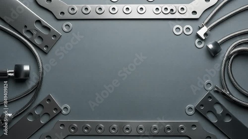 Metallic industrial elements arranged on dark gray background with copy space