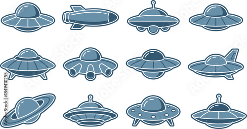 Retro UFO and spaceship icon set, flying saucer silhouettes and cartoon spacecraft, sci fi space vector illustration collection