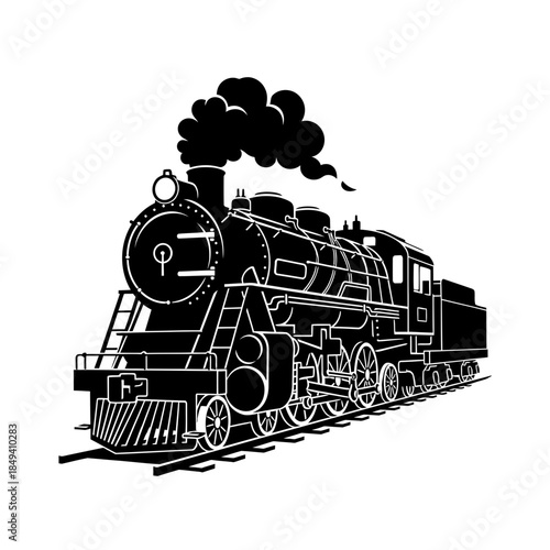 Steam Train Locomotive Vintage Railway Engine Black Silhouette Vector Icon Isolated on White Background for Transport Design