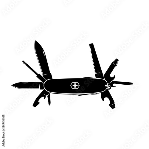 Swiss Army Knife Multi Tool Survival Gear Black Silhouette Vector Icon Isolated on White Background for Camping Design