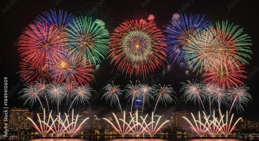 Fototapeta premium Colorful fireworks display in the night sky over a city skyline.