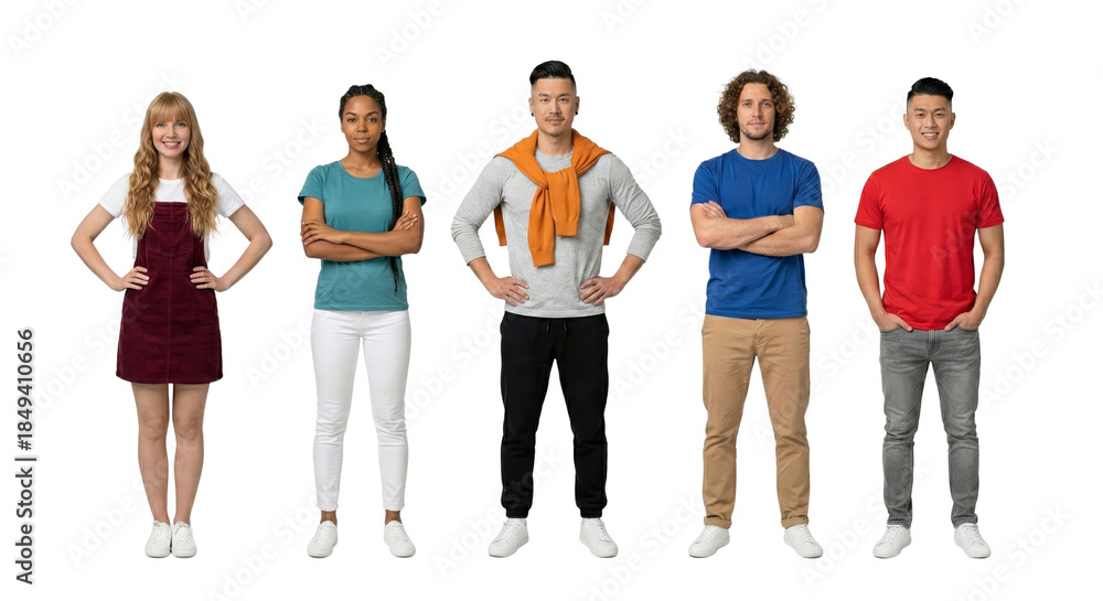 Fototapeta premium diverse group of five young adults standing confidently on a plain black background isolated