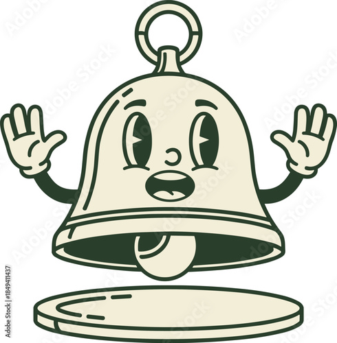Excited Retro Cartoon Bell Mascot Character Jumping with Arms Raised in Shock or Joy, Vintage Style Monochromatic Vector Illustration for Notifications and Celebration Graphics.