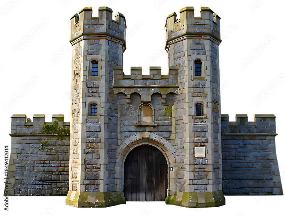 Fototapeta premium A medieval stone castle gate with two towers isolated on white background