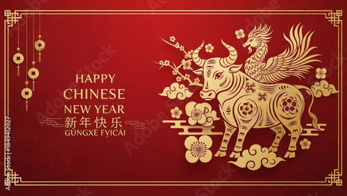 Happy chinese new year greetings card with golden bull and bird