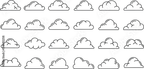 Diverse collection of whimsical outline clouds, featuring a variety of unique shapes and styles, perfect for creative design projects and weather-related graphic illustrations