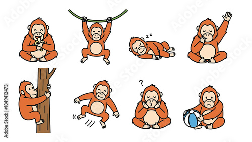 Orangutan Characters in Different Activities 2D Flat Vector Icon Set