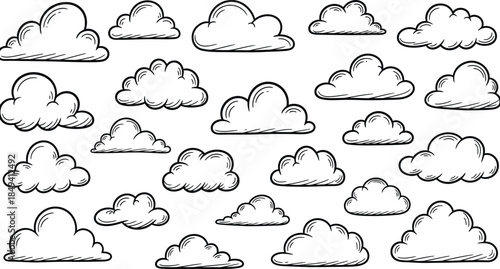 Hand-drawn collection of fluffy white clouds against a transparent background, perfect for weather-themed designs and digital art