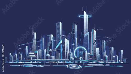 Futuristic cityscape with sleek skyscrapers and advanced technology