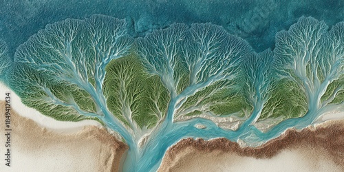 Aerial View of Green Tree Like Water Pattern on Light Brown Shore with Blue Water Abstract Landscape with Light and Shadow