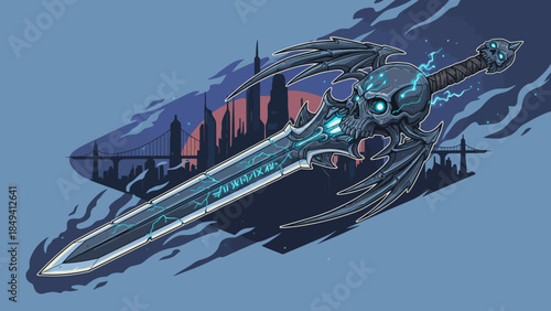 Glowing blue sword with skull and cityscape background at sunset