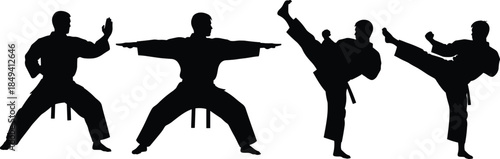 Dynamic black silhouettes of martial arts fighters performing high kicks and karate stances, isolated vector set for sports logo design.