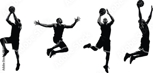 Dynamic black silhouettes of basketball player in action, shooting and dunking, isolated vector set for sports logo or banner design.