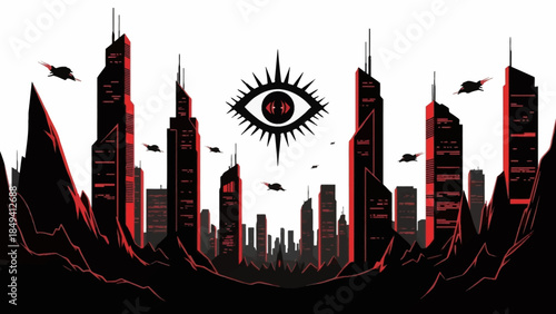 Futuristic cityscape with ominous eye and flying vehicles at dusk