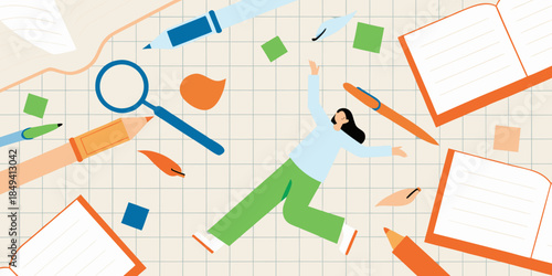 A person reaching for a pen amidst scattered school supplies on grid paper