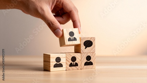 Hand placing wooden blocks with icons