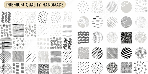 Collection of diverse hand drawn patterns and textures in grayscale tones