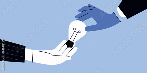Sharing an idea hands exchanging a lit lightbulb representing innovation
