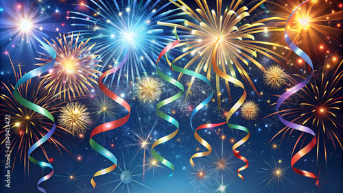 New year fireworks and party streamers celebration