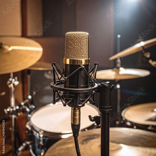 Close-up of a professional microphone in a recording studio with drums and cymbals.