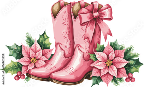 Pink, cowboy, boots, watercolor, illustration, floral, bow, feminine, western, fashion, footwear, vintage, country, girly, rustic, decorative, holiday, art, stylish, design