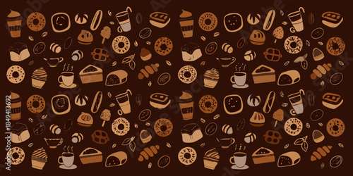 A delightful pattern of coffee pastries and sweet treats in brown tones