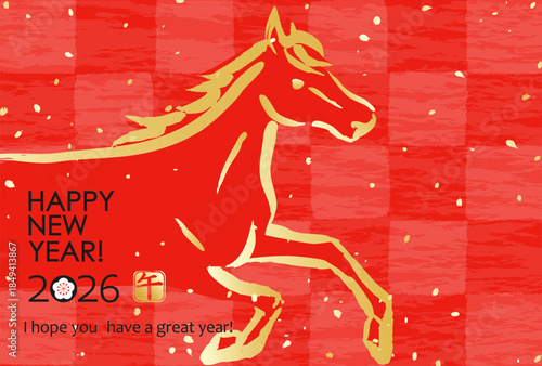 日本の2026年賀状　和紙風市松模様に馬