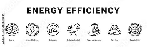 Energy Efficiency Modern and clean web banner illustration featuring thematic icons for visual communication