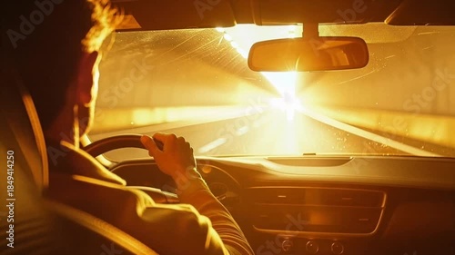 Man driving a car through a tunnel in the early morning as warm sunlight and lens flare fill the interior. 