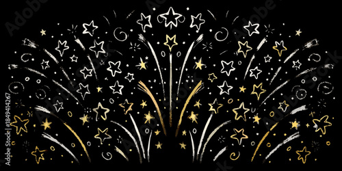 A radiant burst of golden and silver stars and fireworks on black