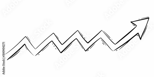 A simple black and white sketch of an upward trending arrow with fluctuations