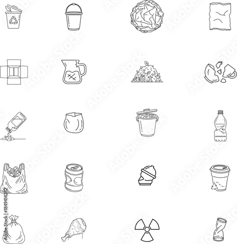 Recycling and Waste Icon Collection: A comprehensive collection of hand-drawn vector icons representing various recycling and waste items.