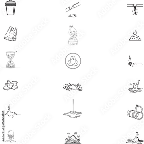 Environmental Pollution Icons: A comprehensive set of line icons illustrating various forms of environmental pollution. Ideal for educational materials and infographics.