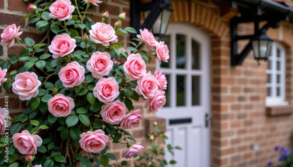 Obraz premium Vibrant roses adorn a charming brick wall and door.
