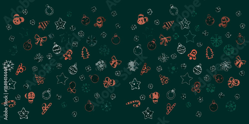 Festive christmas ornaments and winter symbols scattered across a dark green background