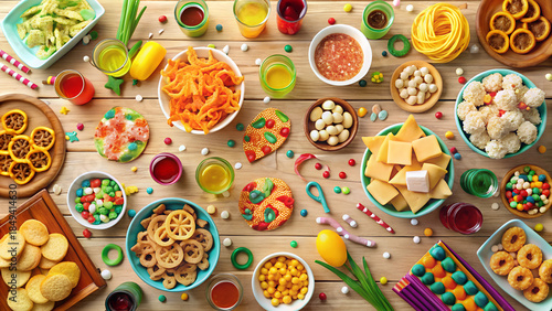 New year party snacks and drinks arranged on wooden table