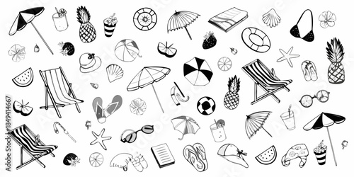 A collection of hand drawn summer elements including beach accessories and tropical fruits
