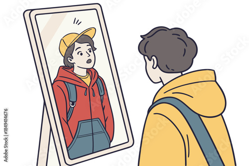 Mirror Reflection and Self-Discovery: A person gazes into a mirror, lost in thought. Reflecting on introspection and contemplation, creating space for emotional exploration.