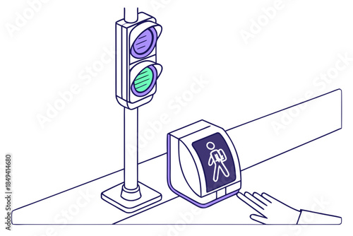 Smart Crossing: A modern pedestrian crossing system, complete with traffic lights and a button, exemplifies a safe and smart urban environment. A hand is reaching out to push the button.
