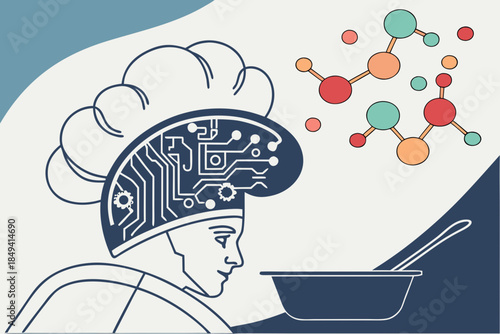 Culinary Innovation: A conceptual illustration that merges the realms of gastronomy and technology. A chef's hat is transformed into a circuit board design.