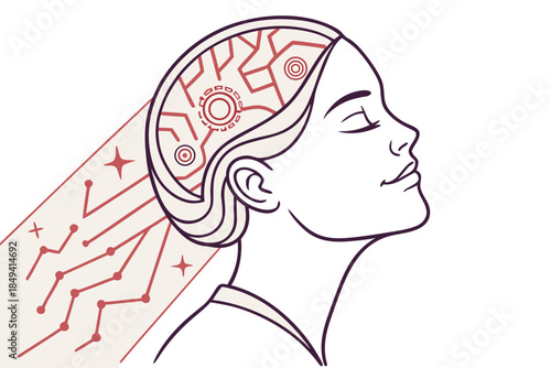 Digital Mind: A stylized illustration presents a woman with a mind of integrated circuits and connecting systems, envisioning the intersection of human intellect and digital technology.
