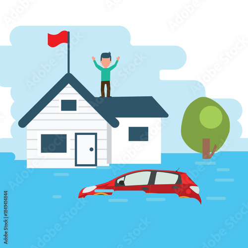 Surviving the Flood. A Man Signals for Help from His Rooftop as Rising Waters Swallow the Neighborhood