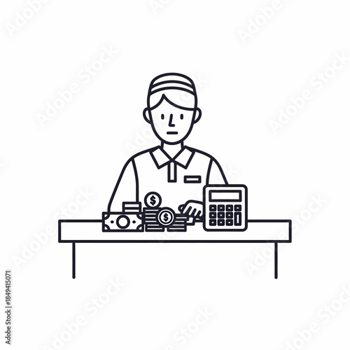 Bank Teller Line Icon Counting Cash on Desk