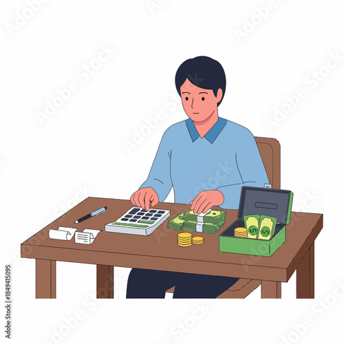 Accountant Working on Budget with Calculator and Cashbox