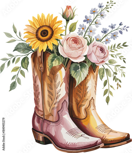 Watercolor, cowboy, boots, illustration, floral, western, fashion, rustic, folk, art, decorative, footwear, country, boho, feminine, vintage, aesthetic, design, elegant, stylish