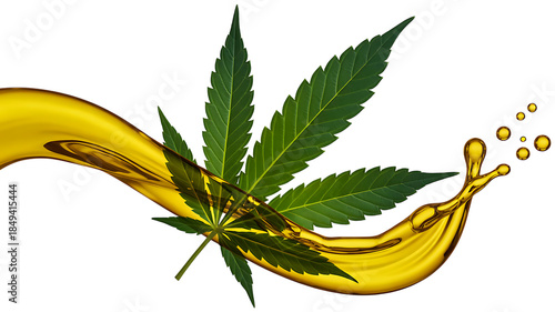 Green Cannabis Leaf Floating in Golden Liquid Splash on Black Background Keywords: cannabis, marijuana, leaf, weed, hemp, oil, liquid, splash, golden isolated on a transparent background