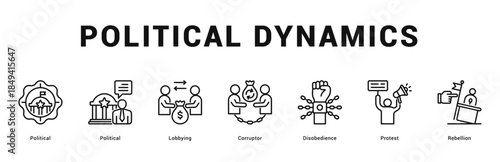 Political Dynamics Modern and clean web banner illustration featuring thematic icons for visual communication