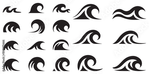 A collection of stylized black wave shapes and water droplet designs