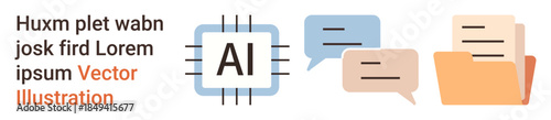 AI technology, data analysis, digital communication, cloud storage, machine learning, software interface. Central AI chip with chat bubbles and folders. AI technology and data analysis visual concept