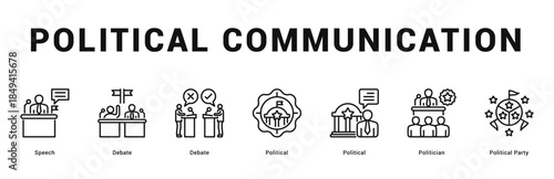 Political Communication Modern and clean web banner illustration featuring thematic icons for visual communication